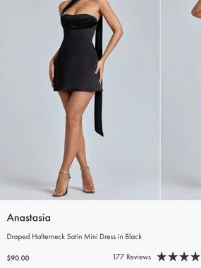 Oh Polly Anastasia Black Satin Halter Mini Dress with Draped Neck Tie